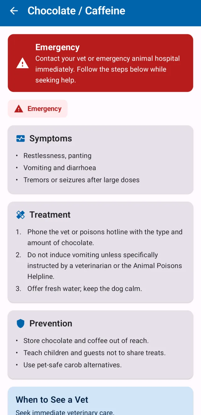 App topic screen with a red emergency banner, symptoms list and numbered step-by-step treatment