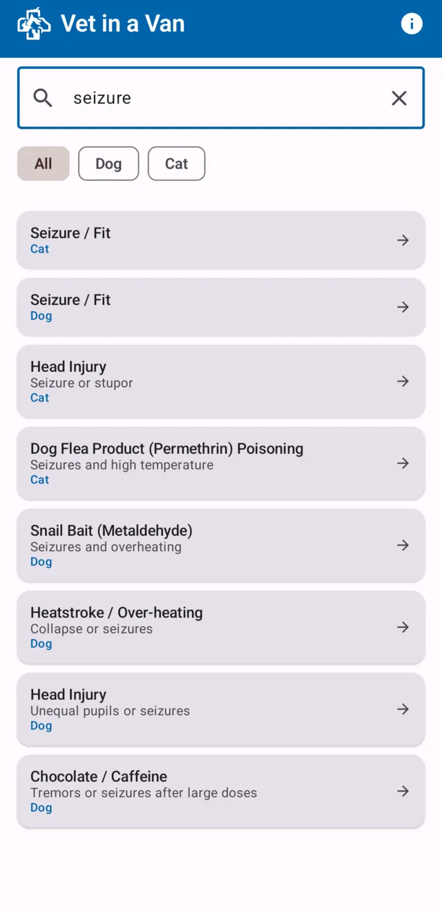 App search screen finding topics by symptom as you type